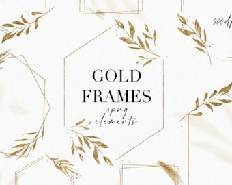 Gold Frames Clipart Floral PNG  Geometric Golden Frames, DIY Wedding Invitations, Vintage Frames, Metallic Golden Frames,Invitation Template
