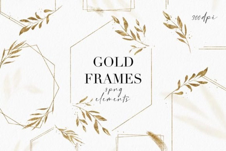Gold Frames Clipart Floral PNG Geometric Golden Frames, DIY Wedding Invitations, Vintage Frames, Metallic Golden Frames,Invitation Template image 1