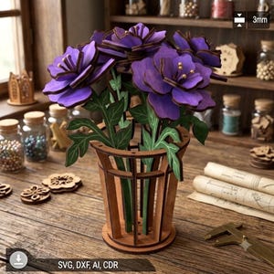 May include: A laser-cut wooden vase containing several purple flowers with green stems and leaves. The vase features a slatted design and is constructed from 3mm thick material. The image includes text indicating SVG, DXF, AI, and CDR file formats.