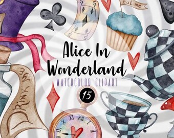 Alice in Wonderland Watercolor Clipart Watercolor Alice in Wonderland - Cheshire Cat, Tea Party - Fairytale