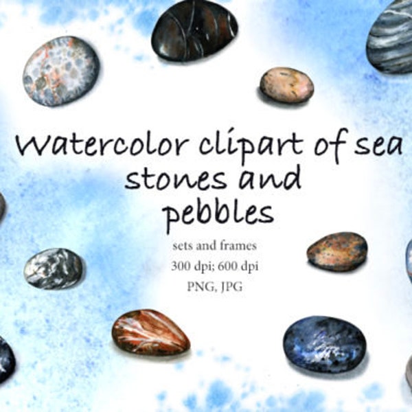 Watercolor Clipart of Sea Stones and Peb watercolor precious stones, gemstone clipart, iridescent, precious rocks, crystals, polished