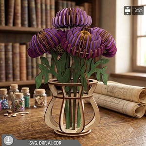 May include: A 3D laser-cut wooden flower arrangement featuring purple chrysanthemum-style blooms with yellow centres and green stems, displayed in a light-coloured wooden vase. The design is composed of interlocking flat pieces.