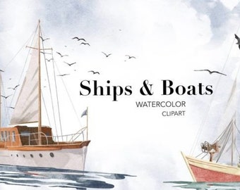 Watercolor Ships Boats Sea Ocean Clipart Watercolor Nautical clipart, Beach clipart, Marine clipart