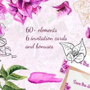 May include: Watercolor illustration of pink bougainvillea flowers with green leaves. The image includes 60+ elements, 6 invitation cards, and bonuses. The text "Save the date" is written on a card.