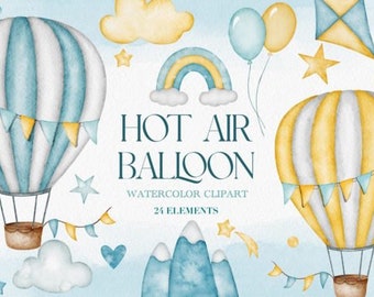 Watercolor Hot Air Balloon Clipart Baby boy hot air balloon wreath watercolor. Baby shower Clipart invite. Nursery clip art Clouds Fabric