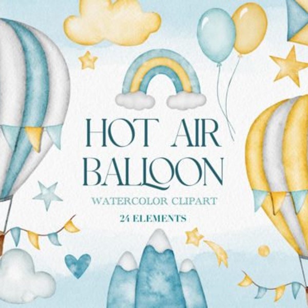 Watercolor Hot Air Balloon Clipart Baby boy hot air balloon wreath watercolor. Baby shower Clipart invite. Nursery clip art Clouds Fabric