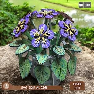 Vase mit Veilchen Laser Cut Datei, 3D Blumen Vase Tischdekoration svg, Hölzerner Geburts Blumenstrauß, 3D Veilchen, Muttertagsgeschenk, Spring Cut File
