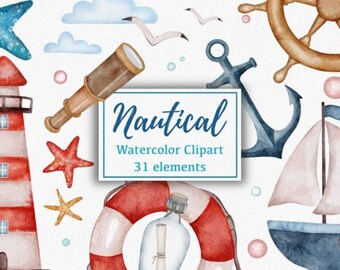 Acquerello nautico Clipart Mare Acquerello Clipart nautico, Clipart da spiaggia, Clipart marina, faro, riva, gabbiani, ancora, barche