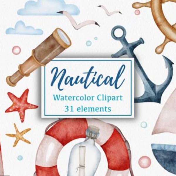 Nautical Watercolor Clipart Ocean Sea Watercolor Nautical clipart, Beach clipart, Marine clipart, lighthouse, shore, seagulls, anchor, boats