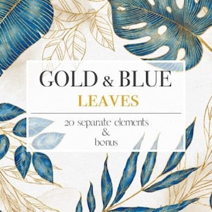 Gouden en blauwe bladeren Clipart Blauwe en gouden tropische bladeren Clipart, goudfolie tropisch blad clip art graphics en PNG frame