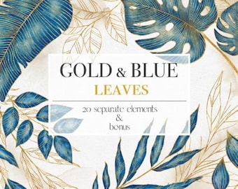Gold and Blue Leaves Clipart Blue and Gold Tropical Leaves Clipart, gold foil tropical leaf clip art graphics and PNG frame