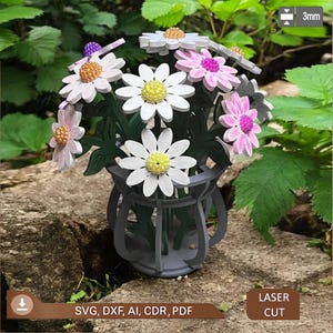 May include: A wooden daisy flower arrangement in a gray vase. The daisies have white and pink petals with yellow and orange centers. The vase and leaves are dark green. The image includes the text "SVG, DXF, AI, CDR, PDF" and "LASER CUT".