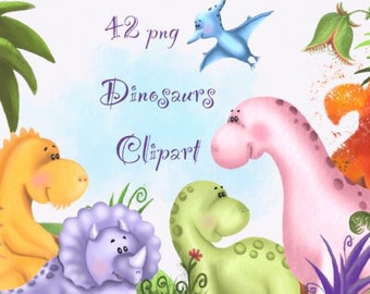 Dinosaurs Clipart Watercolor PNG Watercolor dinosaurs clipart, neutral baby boy clip art, dino nursery decor
