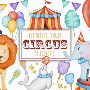 Acuarela Circus Clipart Baby Circus Animals - Carpa de circo Globo Clipart, clipart bebé, payaso niña, clipart infantil