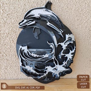 Delphin 7-Schicht-Dekorplatte, Laserschnittdatei, Delphin Meerlandschaft, 7-Schicht-Kunstwerk für Glowforge - Multilayer, 3D-Delphin