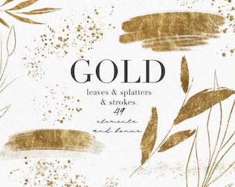 May include: Gold leaves, splatters, and brushstrokes in a digital illustration. The text "GOLD leaves & splatters & strokes 49 elements and bonus" is included in the image.