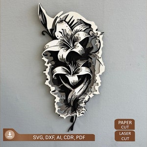 3D Lilia, Blumen 8-Schicht-Panel, Blumen Kunst, 3D Laser geschnitten, SVG Digital Download-Dateien, Lilia SVG, für Cricut