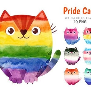 Mois de la fierté LGBT Clipart aquarelle Clipart arc-en-ciel aquarelle Clipart aquarelle avec des chats mignons. Image clipart LGBTGQ Asexual Agender PNG