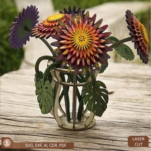 Tropische bloemen bladeren en vazen SVG-bundel, houten vaas lasergesneden bestanden, jungle bloemen Hawaiiaanse flora Moederdagcadeau