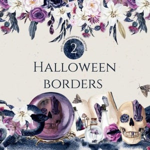 Gothic Halloween Floral Naadloze Border Aquarel Gothic Floral Halloween Naadloos patroon, Schedel en Rozen, Oktober Maan