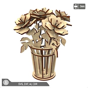 Laserskuren vas med violer 3D-träblommor (digital nedladdning)