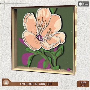 3D フラワー シャドー ボックス、8 層パネル、3D 咲く桜、3D レーザー カット レイヤー、SVG デジタル ダウンロード ファイル、シャドー ボックス SVG、Cricut 用
