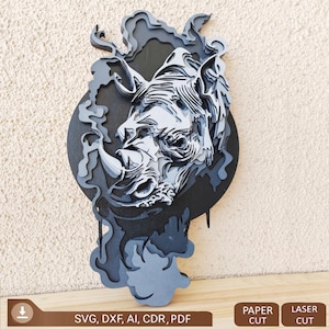 Neushoorn 7-laags decoratief paneel lasergesneden bestanden woondecoratie, 7-laags kunstwerk voor Glowforge - meerlaags, 3D-neushoorn