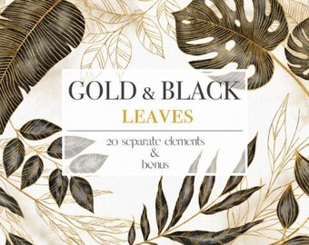 May include: A digital illustration of gold and black leaves. The image features 20 separate elements and a bonus element.  The leaves are arranged in a decorative pattern.