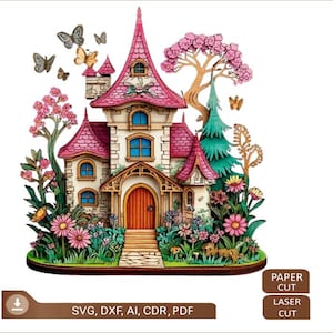 Plik do cięcia laserowego Magical Fairy Home, wielowarstwowy 3D drewniany plik do grawerowania laserowego, ozdoba dekoracyjna Glowforge Make, pliki do zestawów do malowania