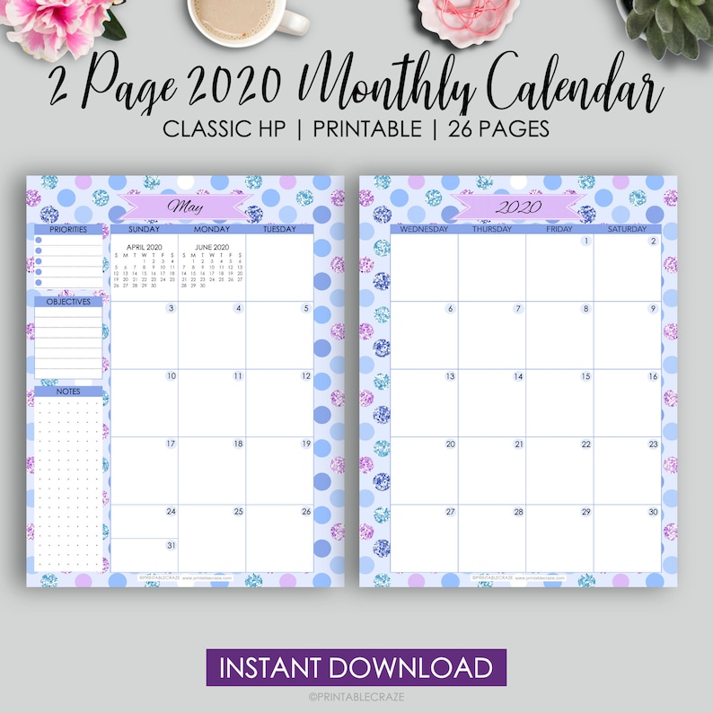 CLASSIC HP 2 Page 2020 Printable Monthly Calendar Planner To Etsy