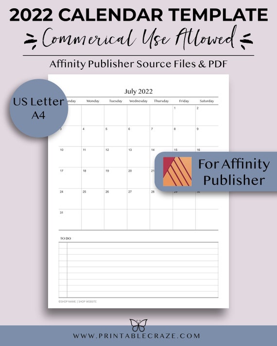 2022 Calendar Template Affinity Publisher Commercial Use | Etsy