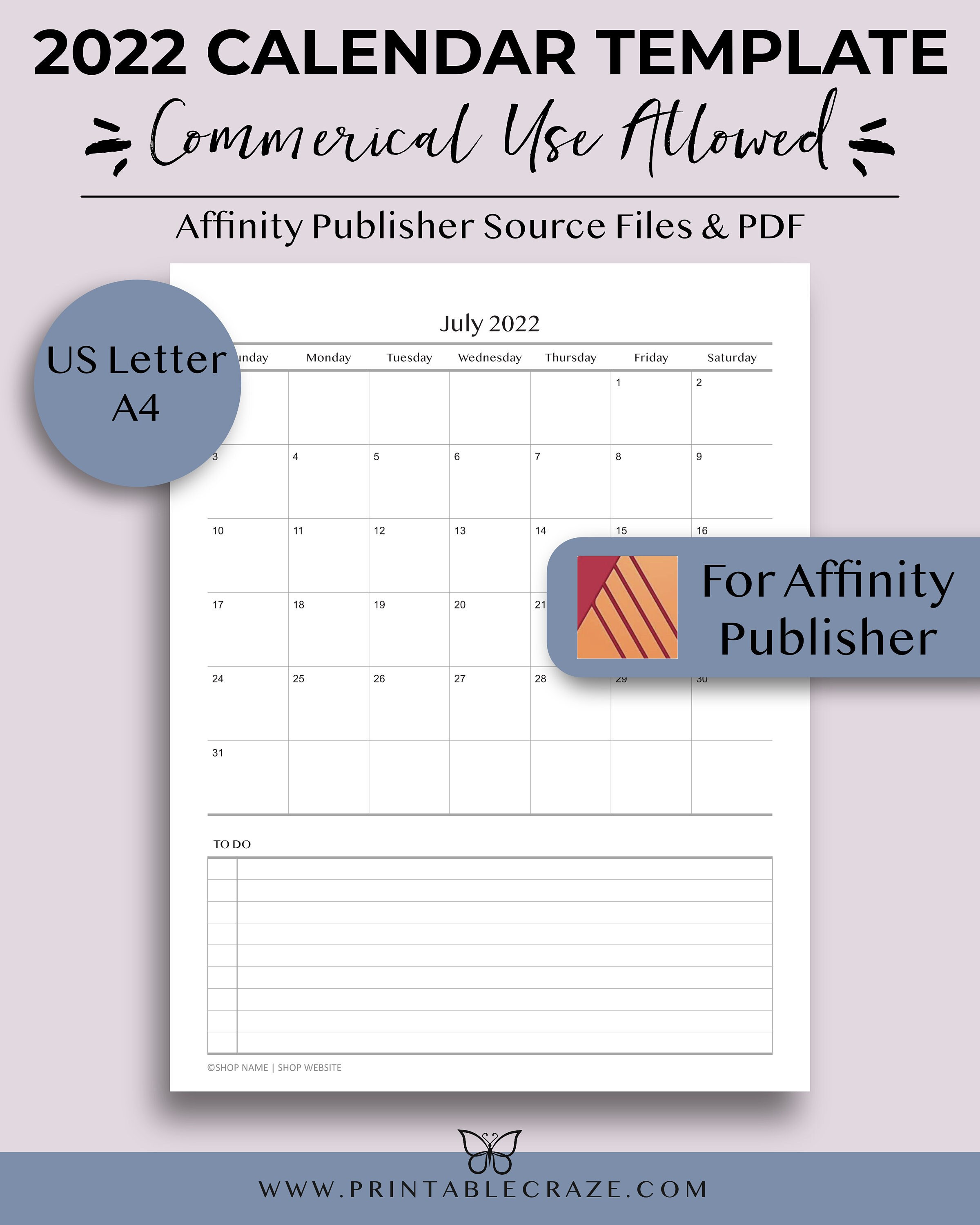 Publisher Calendar Templates 2022 2022 Calendar Template Affinity Publisher Commercial Use | Etsy