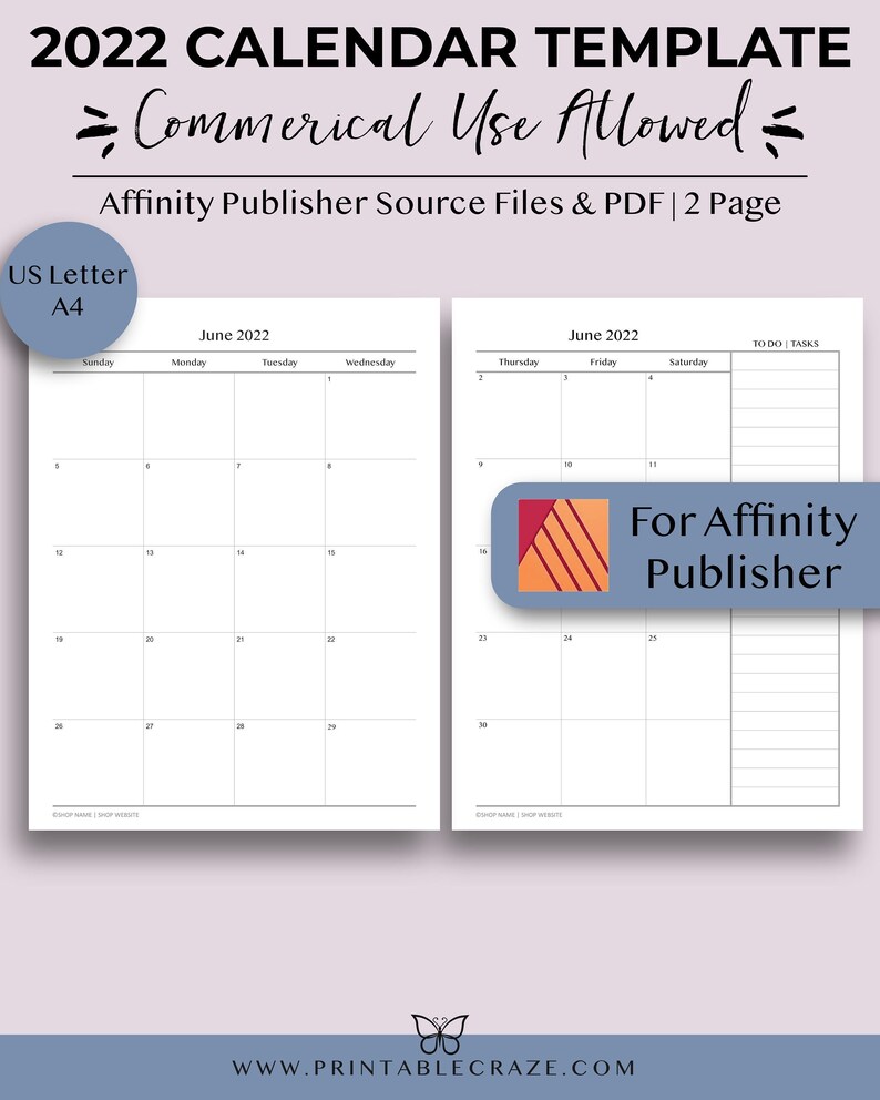 2022 Calendar Template Affinity Publisher Commercial Use | Etsy