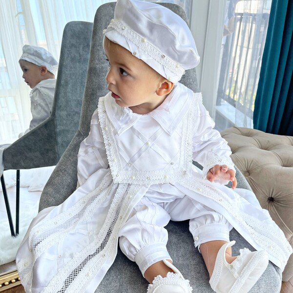 Baptism Gown Boy, Christening long Gown with perls and rhinestone, Blessing Gown Boy , Heirloom gown, Baptism dress, first communion dress,