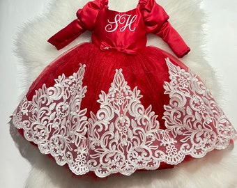 Festive Elegance: Personalized Red Dress for Baby Girls - White Lace, Tutu Tulle, a Beautiful Gift for Special Occasions!