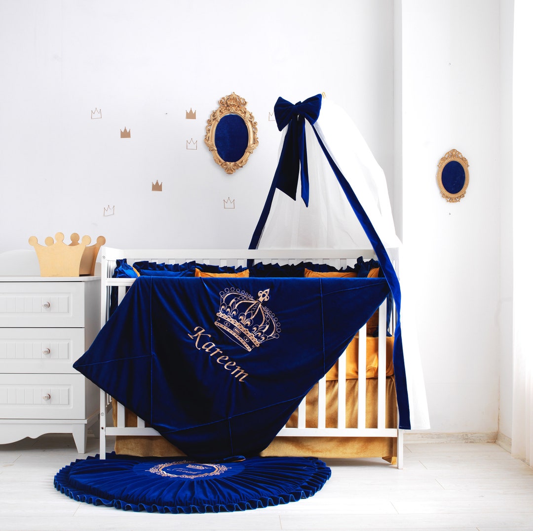 KIKIDOR Royal Blue & Gold Baby Milestone Blanket - 48x40 Inch Monthly Photo Background With Crown, Scarf & Markers - Newborn Photo Prop & Growth Calendar