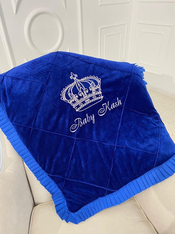 Regal Comfort Personalized Royal Blue Velvet Baby Boy Blanket with Silver Embroidery and Crown Detail A Monogrammed New Mom Gift of Luxury