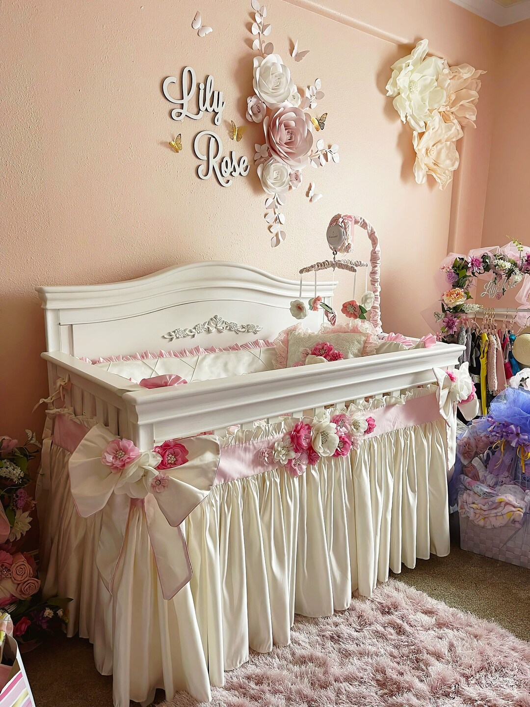 Custom Ruffled Floral Crib Skirt Girl Ivory Colour With Pink Etsy