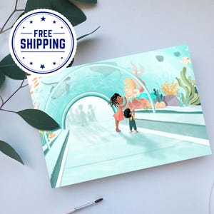 May include: Two children, one with brown skin and one with white skin, stand in front of a large aquarium tank. The tank is filled with blue water and has a variety of fish and sea life. The children are looking at the fish in the tank. The tank is surrounded by a white walkway.