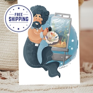 Bob Ross Under the Sea Mini Print - Illustrated Postcard - Mermaid Lover Gift - 5x7 Watercolor Paper - Meredith Fern Art
