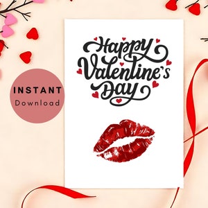 Valentijnsdag kaart afdrukbaar bestand van een kus op een valentijnskaart Afdrukontwerp direct downloadbaar digitaal Haar hem vriendin vriendje