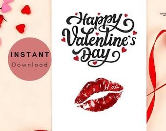 Tarjeta del Día de San Valentín Imprimible Archivo de un Beso en una Tarjeta de San Valentín Diseño de Impresión Descargable Instantánea Digital Ella Él Novia Novio