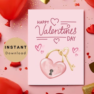 Tarjeta de feliz día de San Valentín para imprimir con candado de amor y llaves, diseño de tarjeta, archivo de diseño para imprimir, descarga instantánea, digital, saludable para ella y él