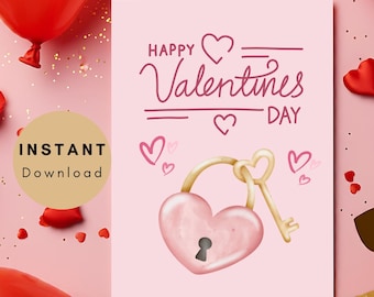 Tarjeta de Feliz Día de San Valentín Imprimible Candado de Amor con Llaves Diseño de Tarjeta Archivo de Diseño de Impresión Descargable Instantánea Digital Saludable para Ella Él
