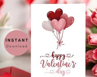 Tarjeta de San Valentín con globos en forma de corazón (descarga digital imprimible)