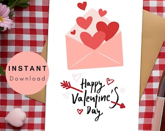 Tarjeta del día de San Valentín Archivo imprimible de sobre con corazones en el interior Diseño de impresión de tarjeta de San Valentín Descarga instantánea Digital Para ella Él