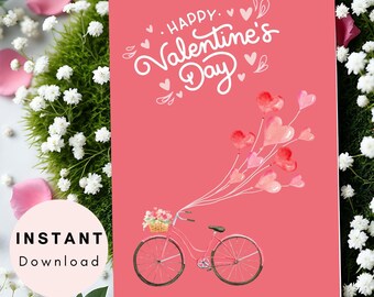 Tarjeta de San Valentín imprimible con diseño de bicicleta saludable con globos de corazón, descarga digital instantánea para ella, él, novia y novio.