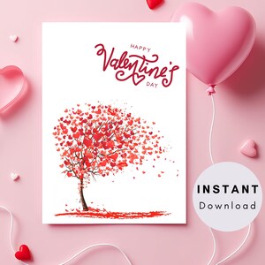 Tarjeta de feliz día de San Valentín imprimible Árbol del amor con hojas de corazón Archivo de diseño de impresión Descarga instantánea Digital Saludable para ella Él