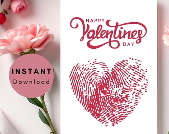 Tarjeta de San Valentín con forma de corazón y huella dactilar, diseño imprimible (descarga digital)