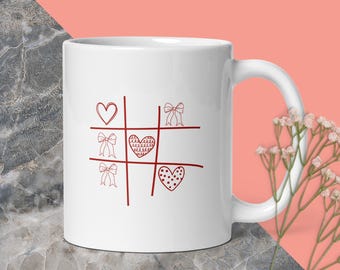 Envoltorio para taza de San Valentín con bonito diseño de tres en raya con lazo y corazones, regalo para ella, él, novia, novio, pareja, esposa